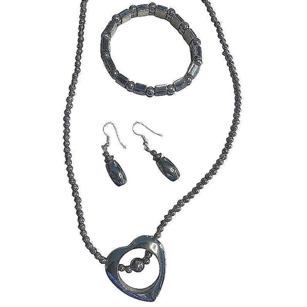 Hematite Jewelry‎ Set Heart Necklace Bracelet Earrings Magnetic Therapy